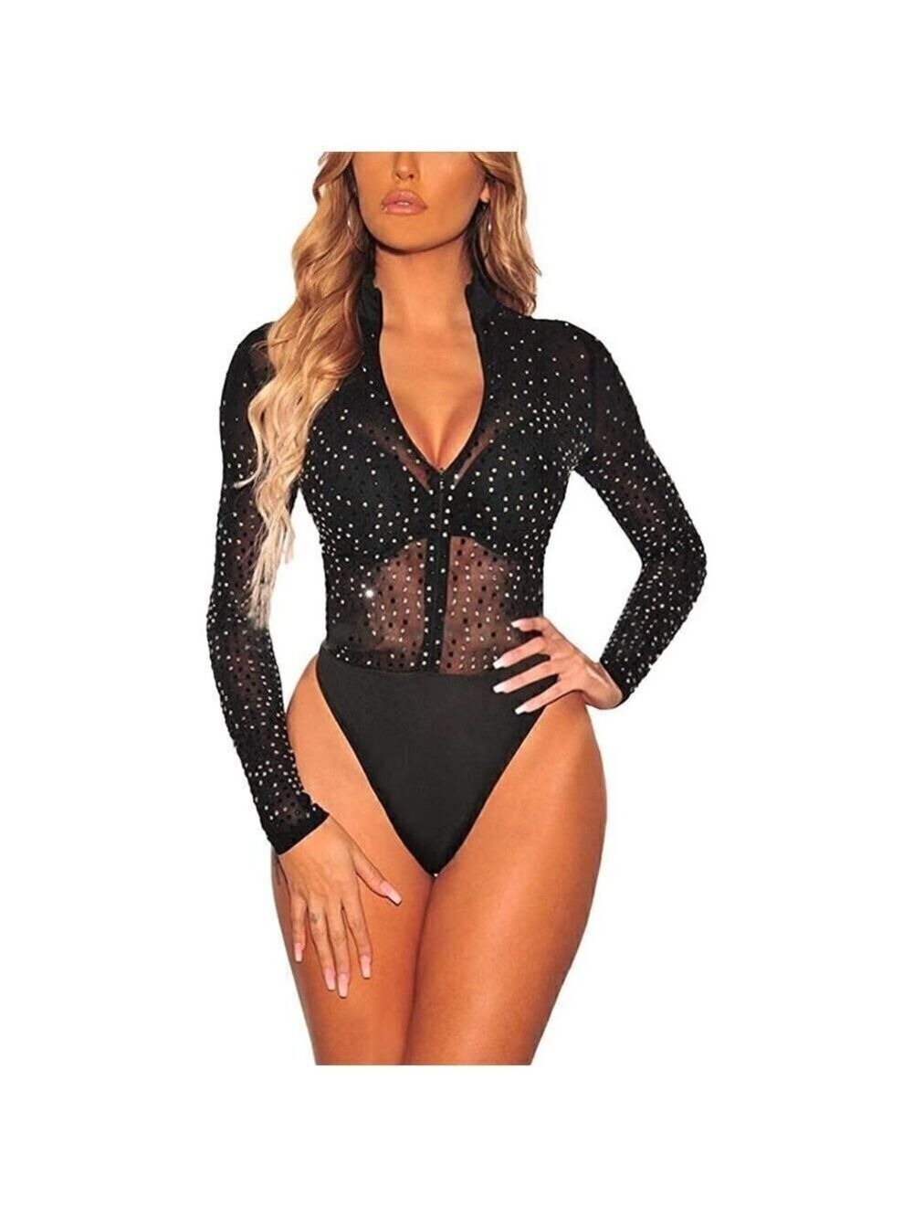 𝅺SEXY Sheer Mesh V neck See Through Leotard Bodysuit Long Sleeve Stretchy NWT